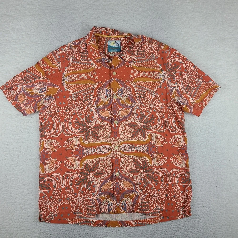 Tommy Bahama Shirt Mens Large Orange Blue Island Modern Fit Hawaiian Button Up
